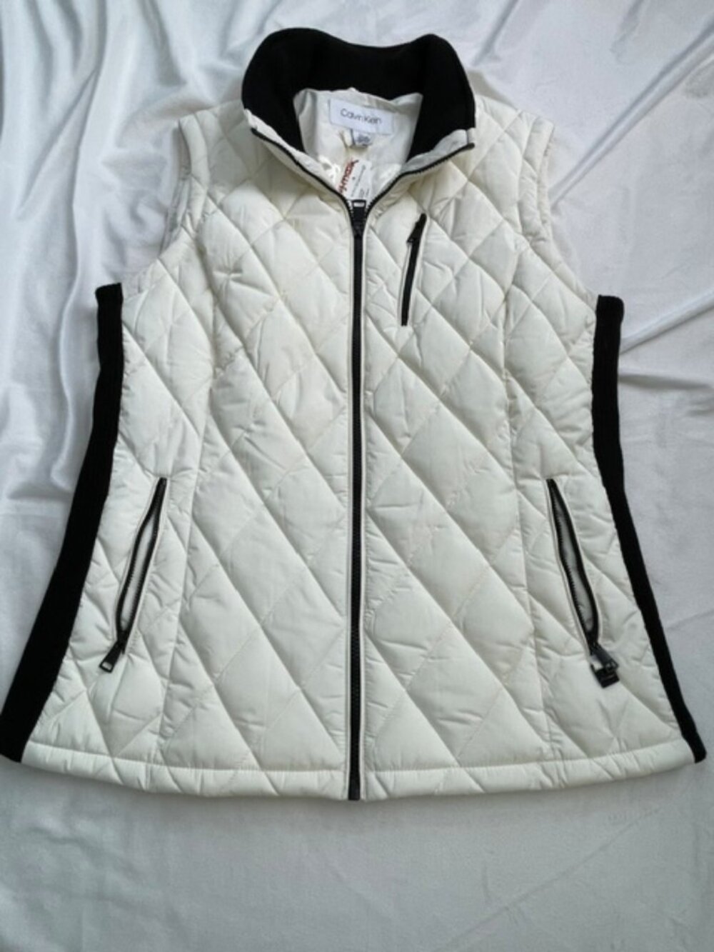 Calvin Klein Women's Quilted White Vest with Black Trim, White Black, Size L
